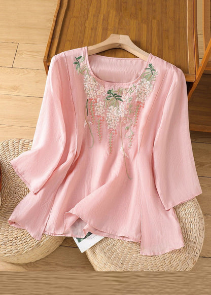 Loose Pink Embroidered Linen T Shirt Bracelet Sleeve