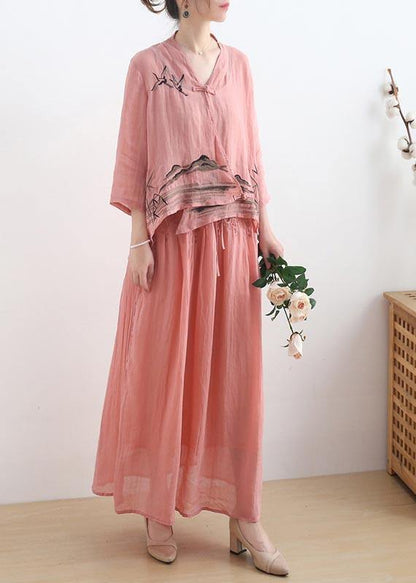 Birds Over the Clouds- Pink Oriental Summer Linen Outfit Blouse & Pants Two Pieces Set