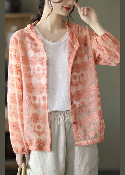 Loose Pink Embroideried Patchwork Lace Cardigans Long Sleeve