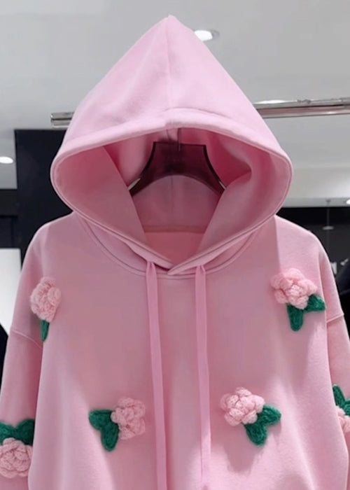 Loose Pink Hooded Floral Drawstring Cotton Pullover Sweatshirt Spring