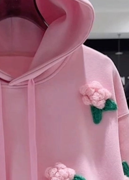 Loose Pink Hooded Floral Drawstring Cotton Pullover Sweatshirt Spring