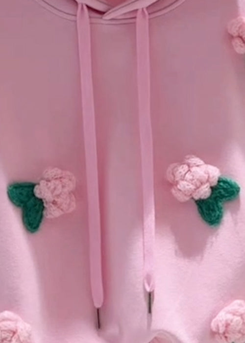 Loose Pink Hooded Floral Drawstring Cotton Pullover Sweatshirt Spring