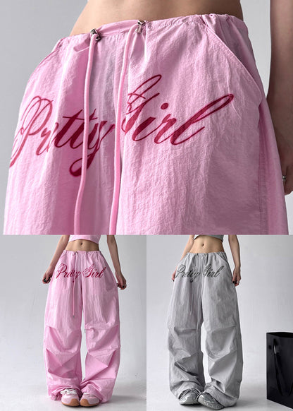 Loose Pink Letter Pockets Drawstring Cotton Pants Fall