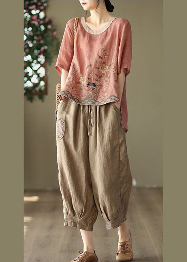 Loose Pink O-neck Embroidered Linen Tanks Short Sleeve