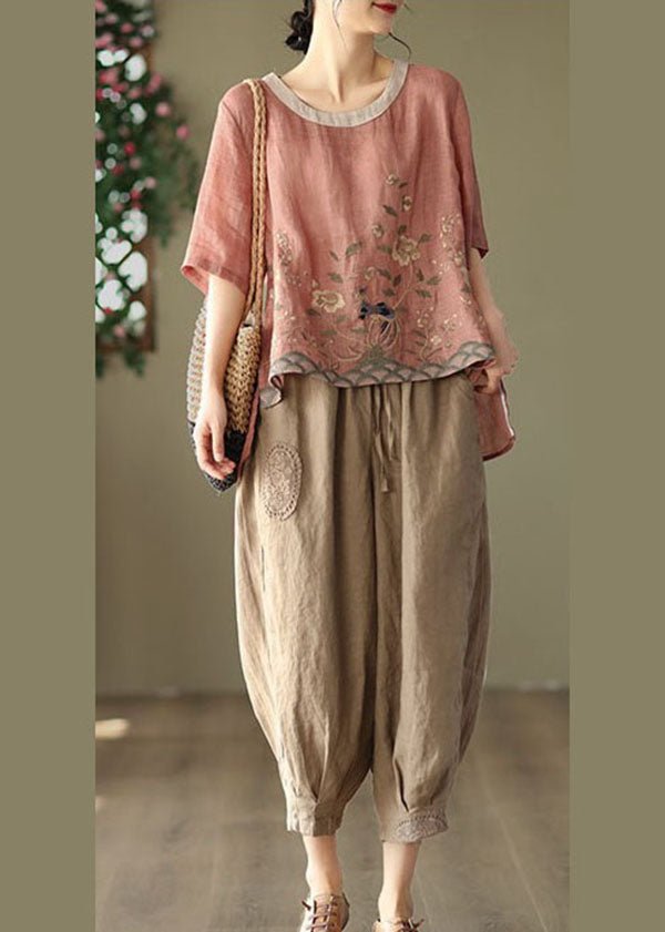 Loose Pink O-neck Embroidered Linen Tanks Short Sleeve