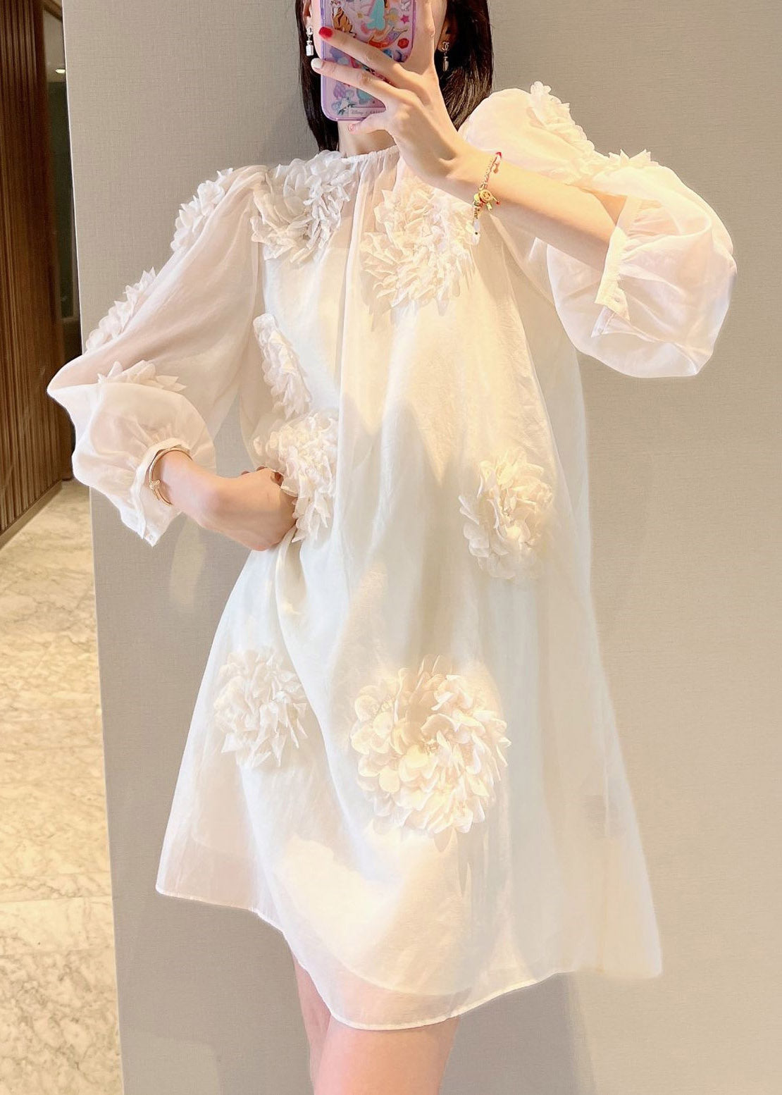 Loose Pink O-neck Mid Dress Long Sleeve