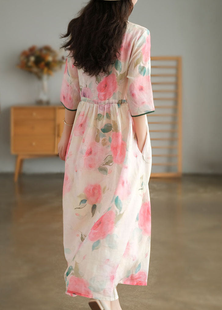 Loose Pink O-neck Print Pocket Linen Long Dress Short Sleeve