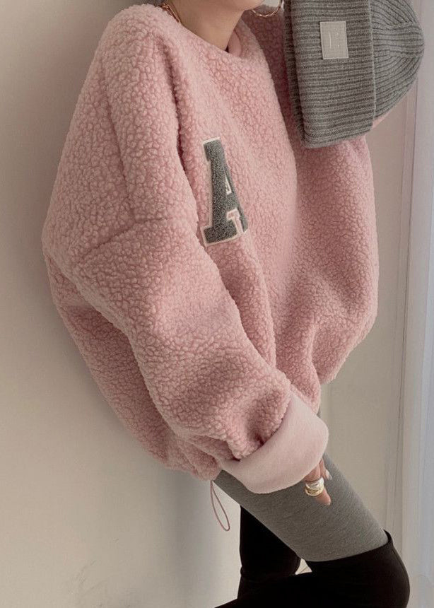 Loose Pink O Neck Letter Teddy Pullover Streetwear Winter