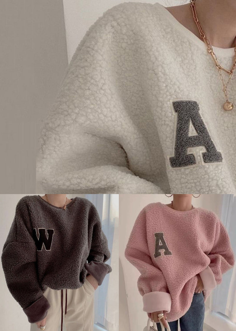 Loose Pink O Neck Letter Teddy Pullover Winter
