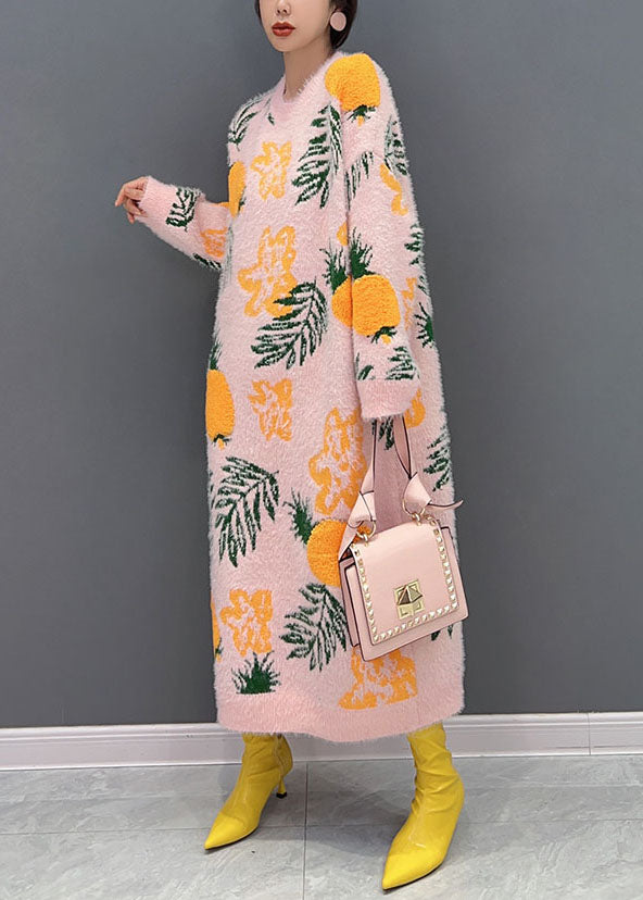 Loose Pink O-neck Oversized Print Mink Hair Knitted Long Knit Dress Winter