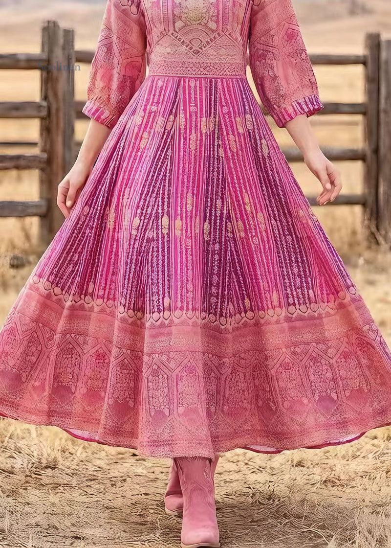 Loose Pink O Neck Print Cotton Maxi Dresses Summer