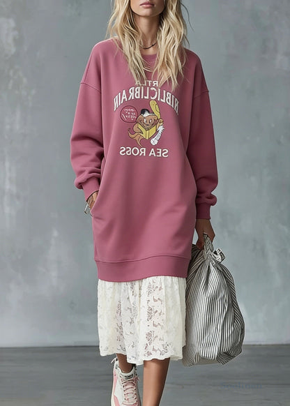 Loose Pink O Neck Print Lace Patchwork Warm Fleece Sweatshirts Dress Spring