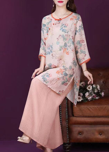 Loose Pink O Neck Print Tops and Pants Cotton Two Pieces Set Summer