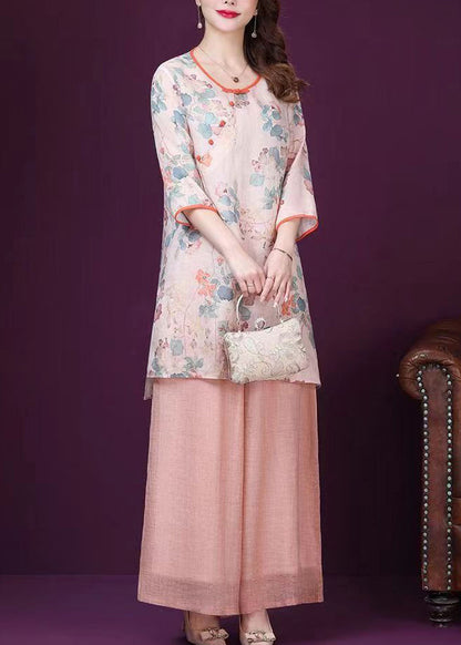 Loose Pink O Neck Print Tops and Pants Cotton Two Pieces Set Summer