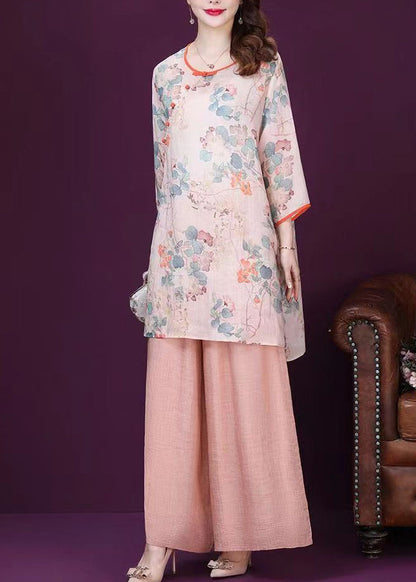 Loose Pink O Neck Print Tops and Pants Cotton Two Pieces Set Summer