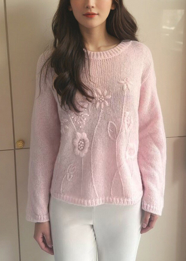 Loose Pink O-neck Cotton Knit Sweater Spring