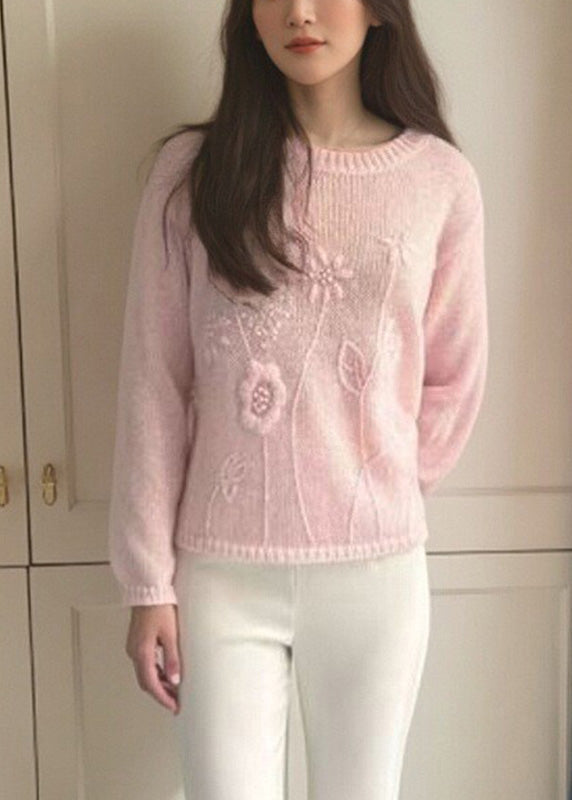 Loose Pink O-neck Cotton Knit Sweater Spring