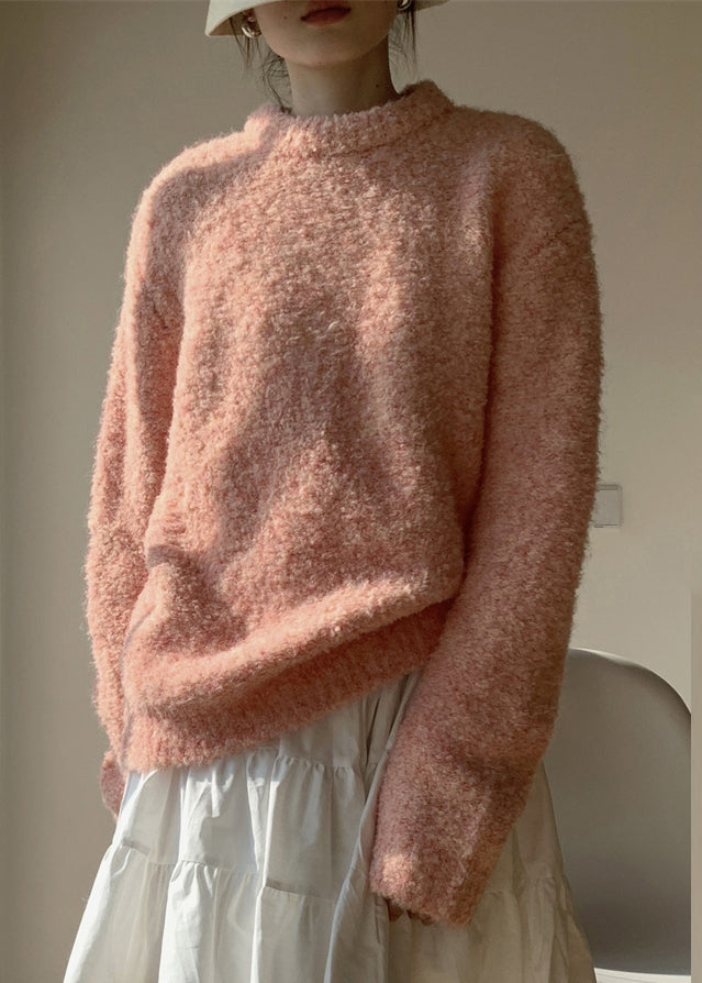 Loose Pink O-neck Fluffy Sweaters Spring