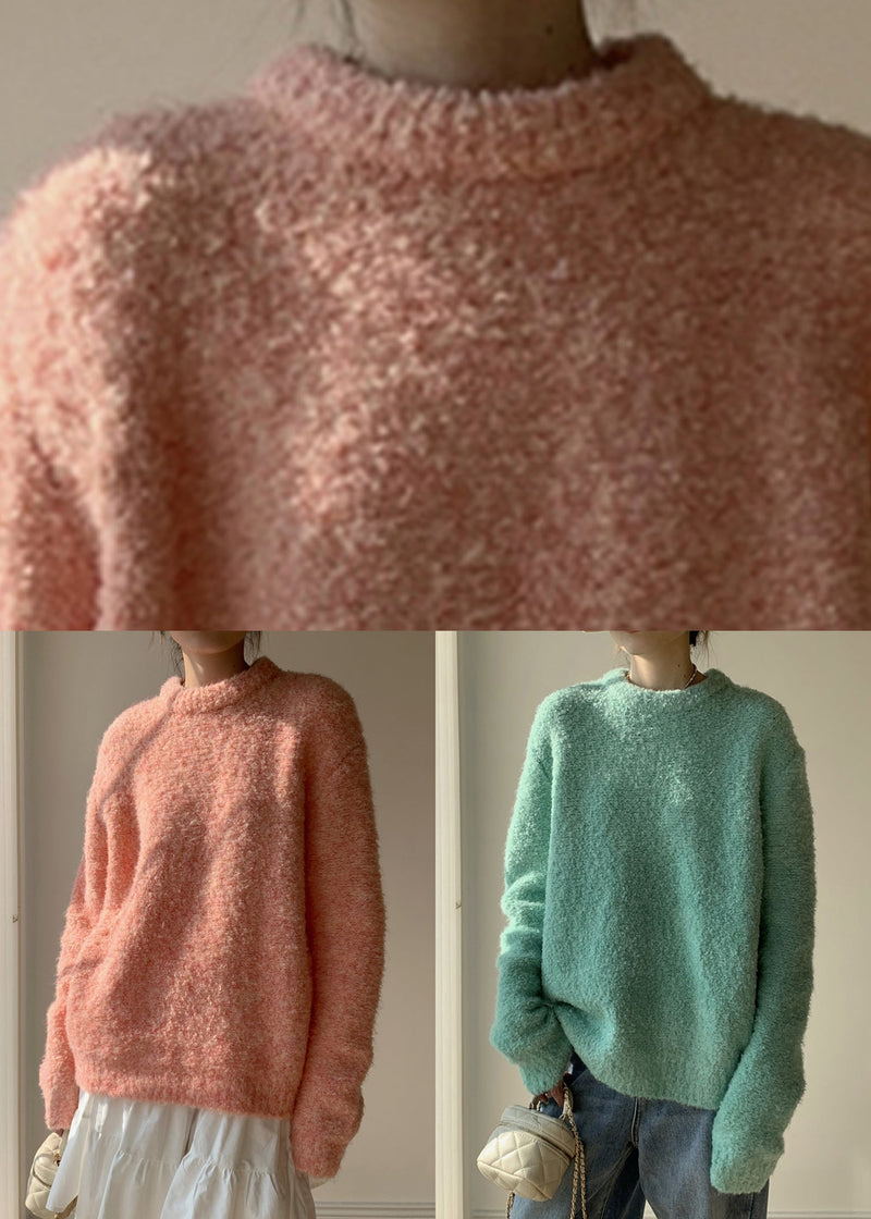 Loose Pink O-neck Fluffy Sweaters Spring