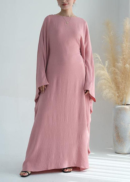 Loose Pink O Neck Ice Silk Maxi Dresses Batwing Sleeve