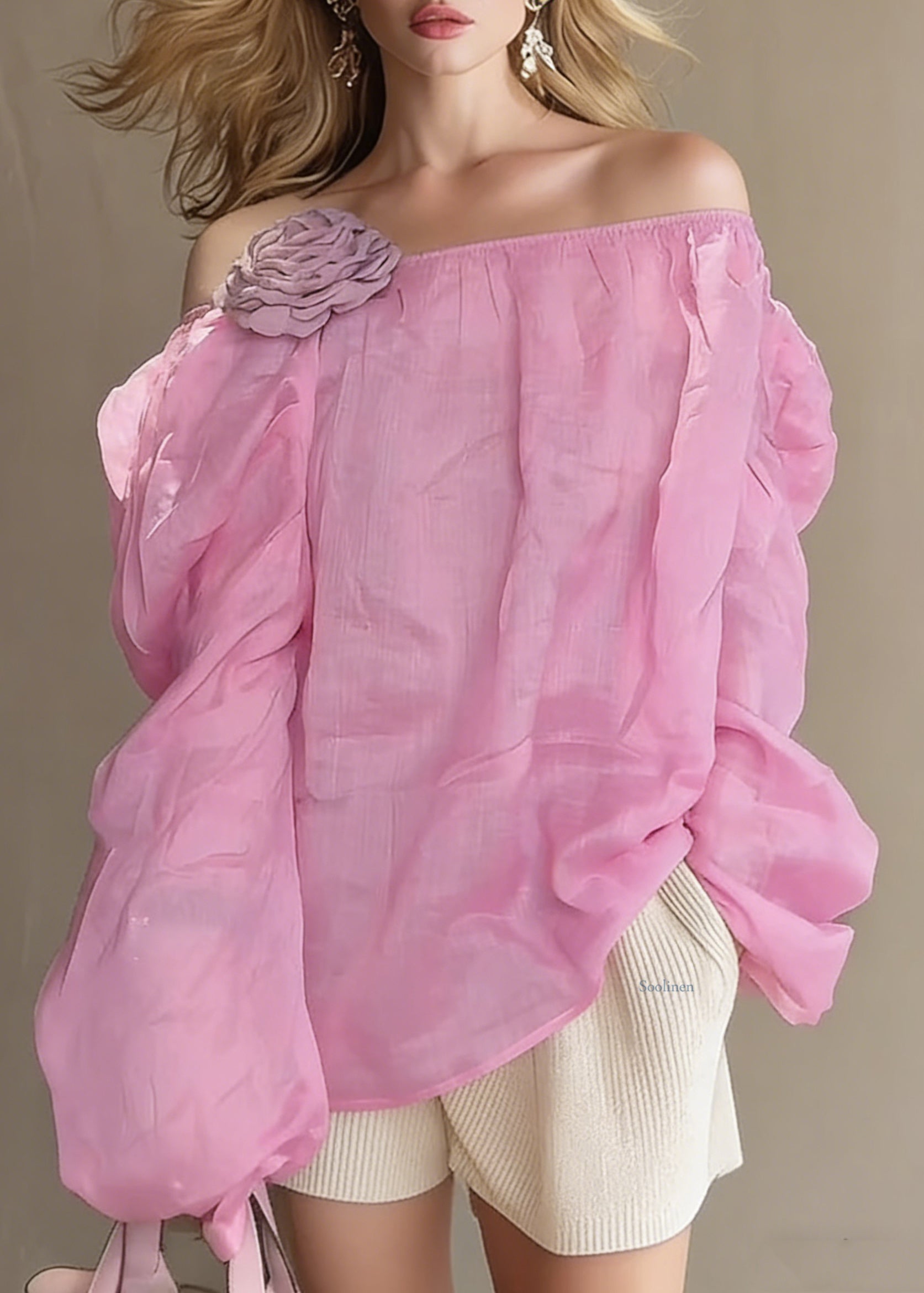 Loose Pink Slash Neck Floral Solid Cotton Blouses Spring