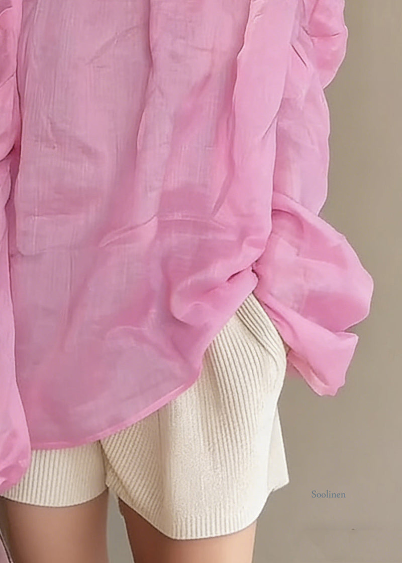 Loose Pink Slash Neck Cotton Blouses Spring