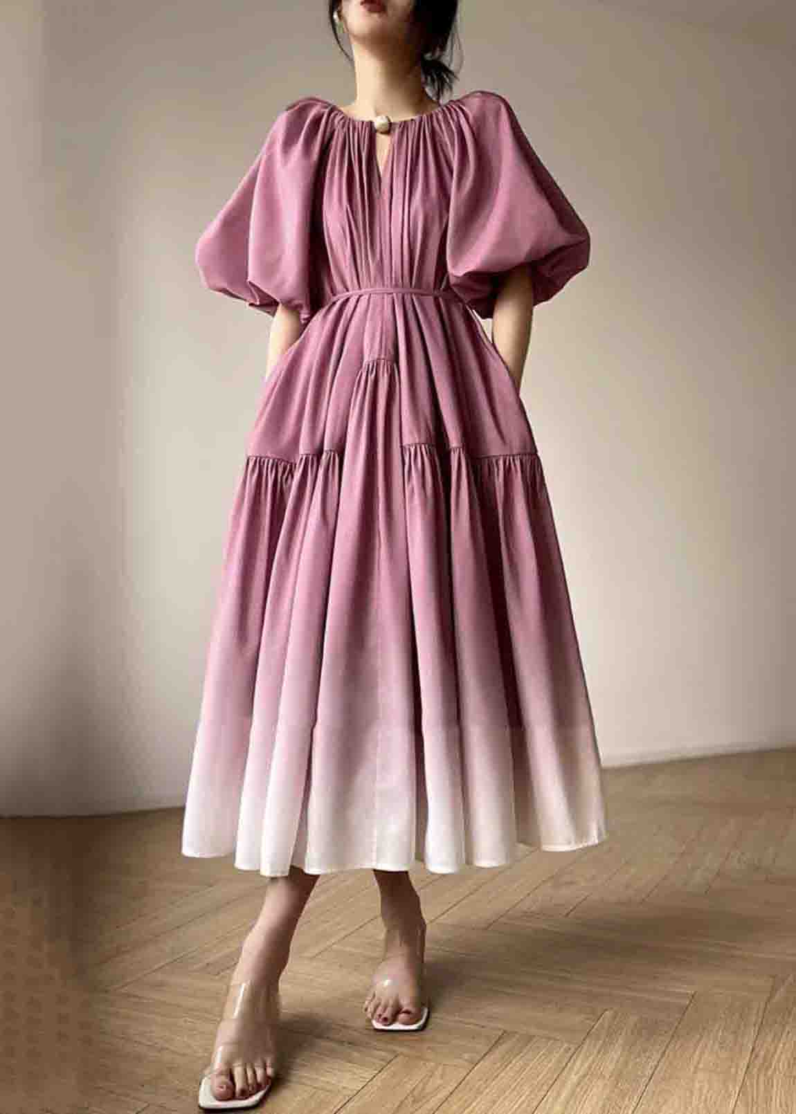 Loose Pink Tie Waist Wrinkled Patchwork Cotton Dresses Lantern Sleeve