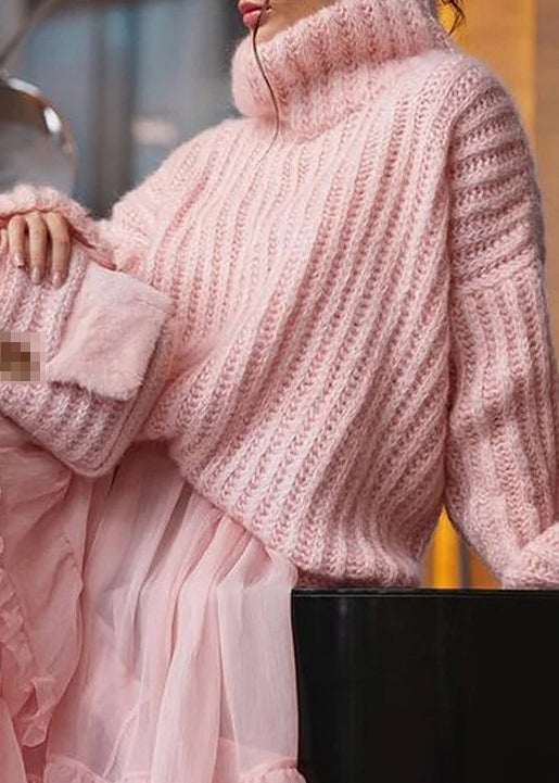 Loose Pink Turtleneck Knit Sweaters Spring