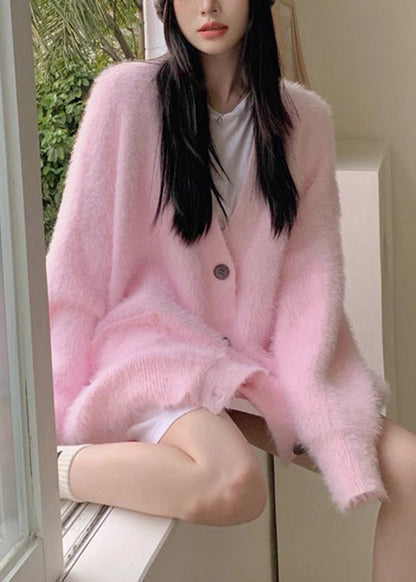 Loose Pink V Neck Button Knit Cardigan Fall