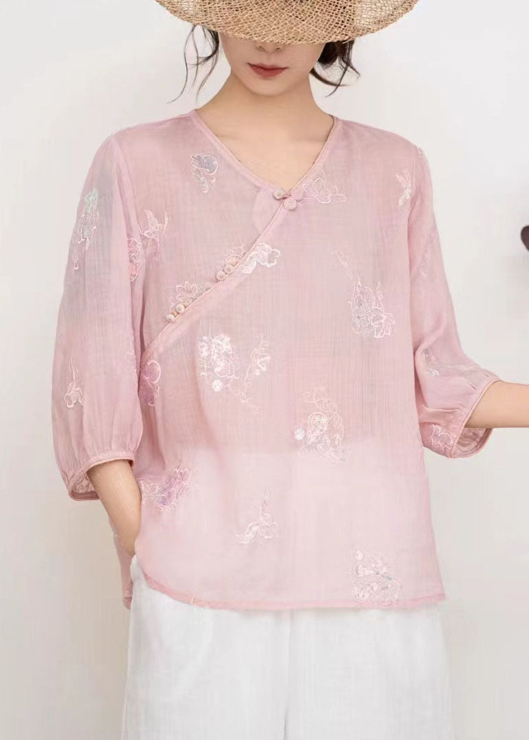 Loose Pink V Neck Embroidered Linen T Shirts Summer