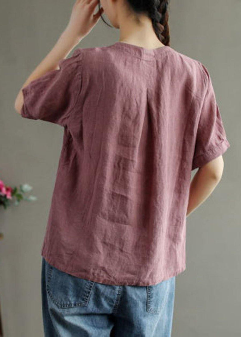 Loose Pink V Neck Embroideried Summer Cotton Blend Shirt