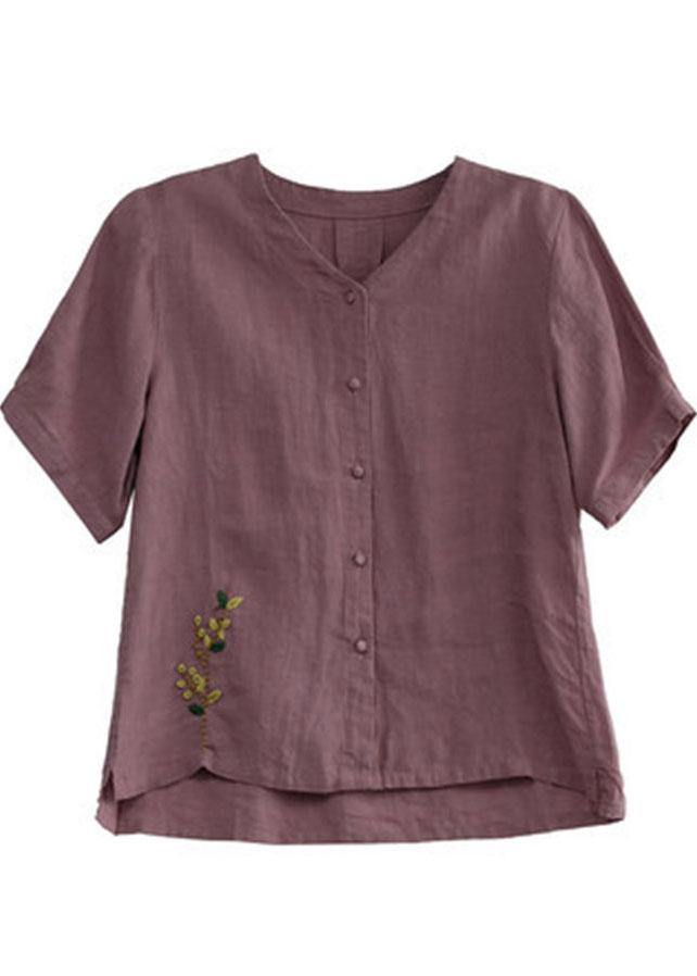 Loose Pink V Neck Embroidered Summer Cotton Blend Shirt