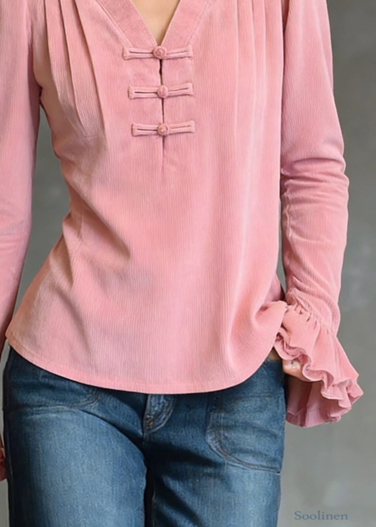 Loose Pink V Neck Ruffled Corduroy Shirts Flare Sleeve