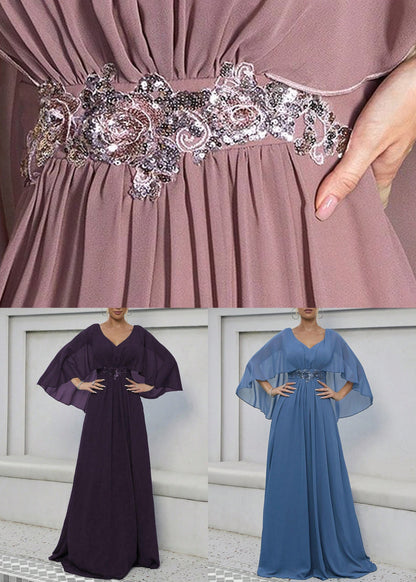 Loose Pink V Neck Sequins Chiffon Maxi Dresses Half Sleeve