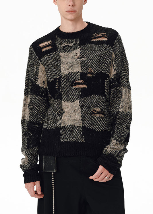 Loose Plaid Hole Patchwork Knit Sweater Tops Fall