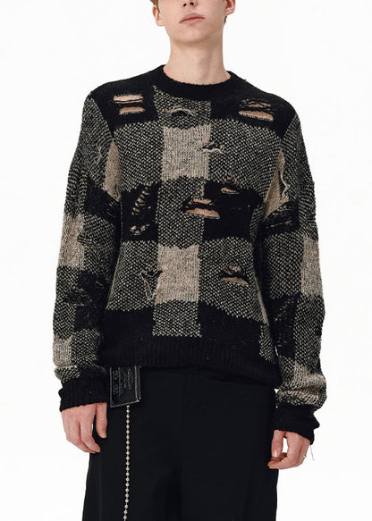 Loose Plaid Hole Patchwork Knit Sweater Tops Fall