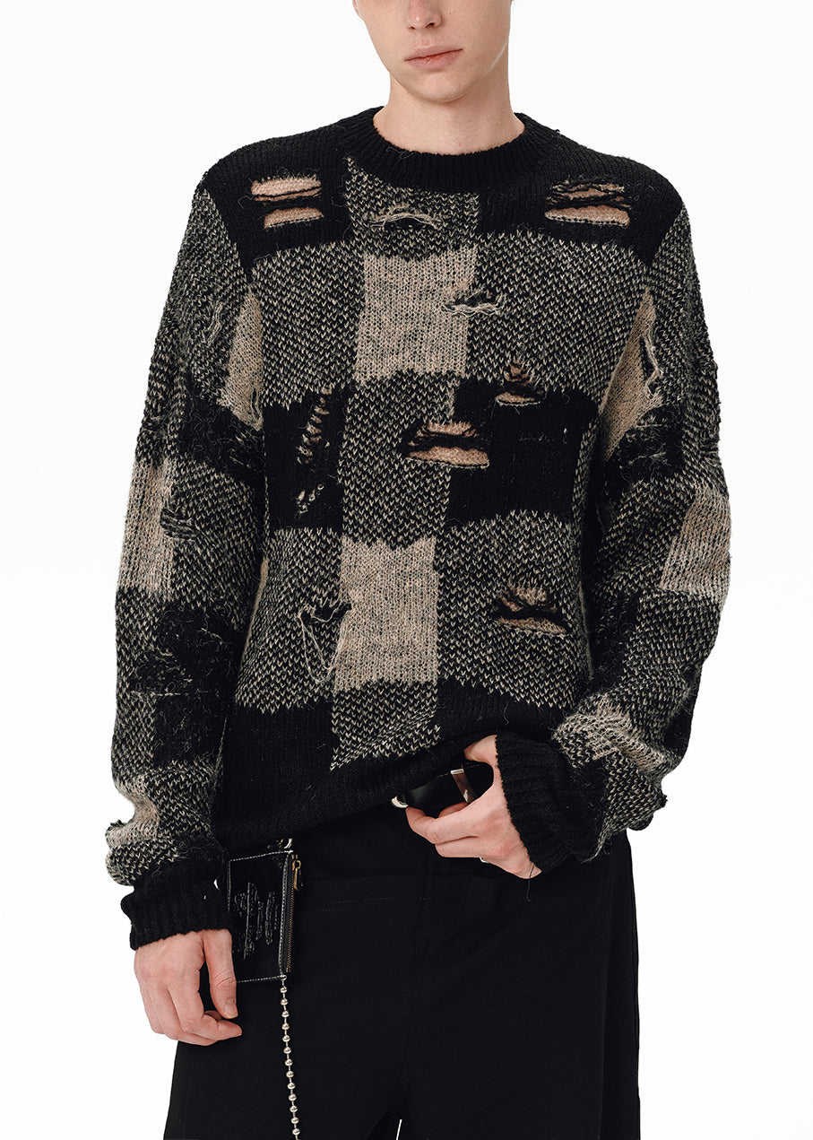 Loose Plaid Hole Patchwork Knit Sweater Tops Fall