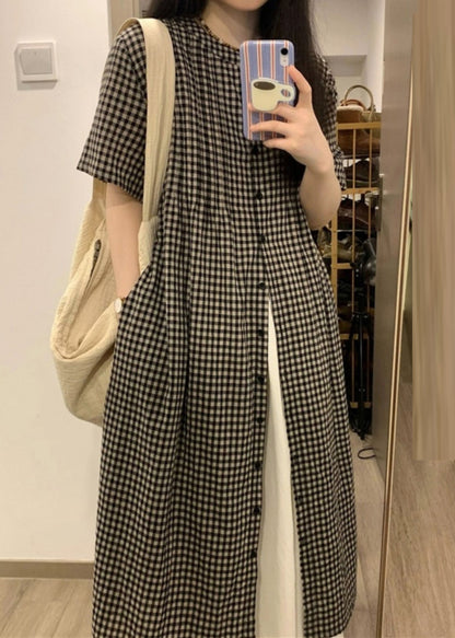 Loose Plaid O-neck Button Long Smock Short Sleeve