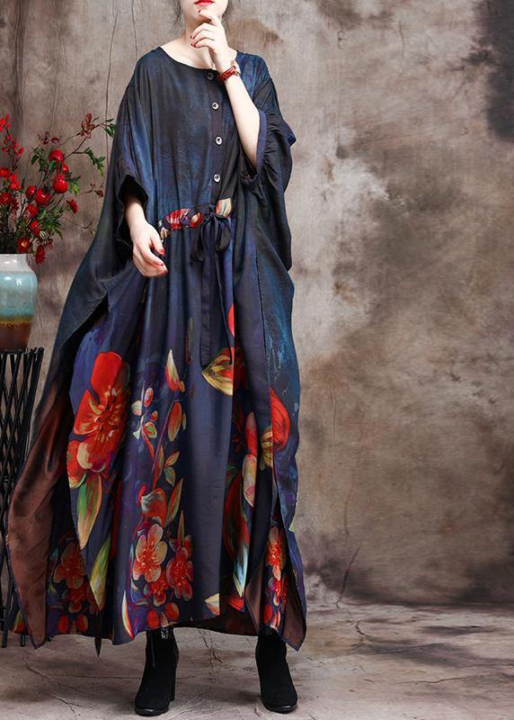 Loose Print Silk Dress Tie Waist Maxi Dress
