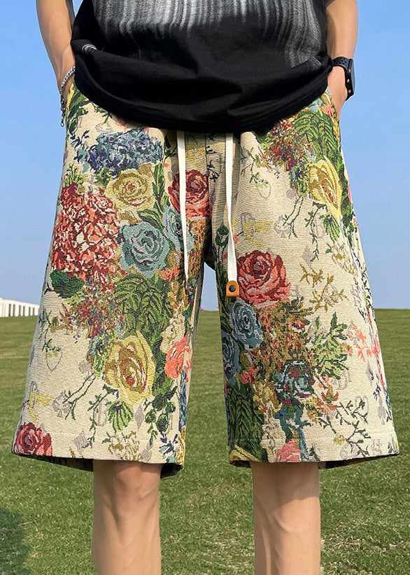 Loose Print Pockets Elastic Waist Cotton Beach Shorts Summer