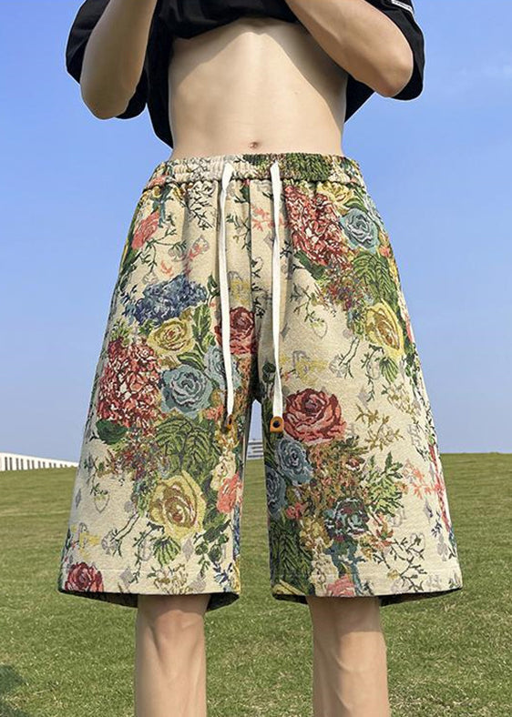 Loose Print Pockets Elastic Waist Cotton Beach Shorts Summer