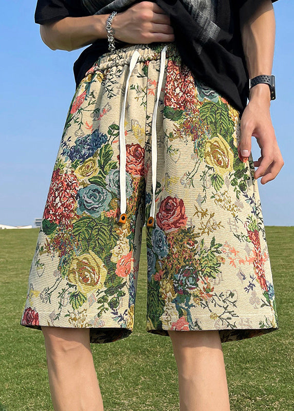 Loose Print Pockets Elastic Waist Cotton Beach Shorts Summer
