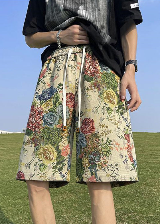Loose Print Pockets Elastic Waist Cotton Beach Shorts Summer