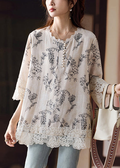 Loose Print Side Open Lace Patchwork Cotton Blouses Bracelet Sleeve
