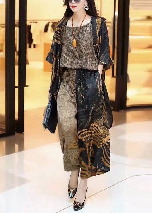 Loose Print Silk Cardigans Top and Wide Leg Pants Three Pieces Set Summer