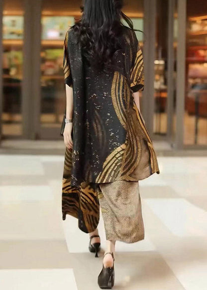 Loose Print Silk Cardigans Top and Wide Leg Pants Three Pieces Set Summer