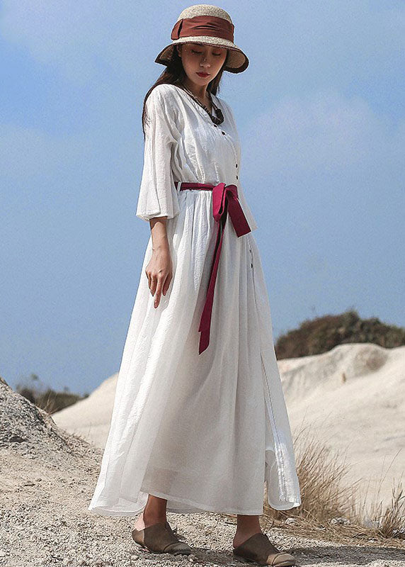 Loose Purple Cinched Button Cotton Dresses Three Quarter Sleeve