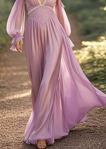 Loose Purple Cold Shoulder Chiffon Long Dress Butterfly Sleeve