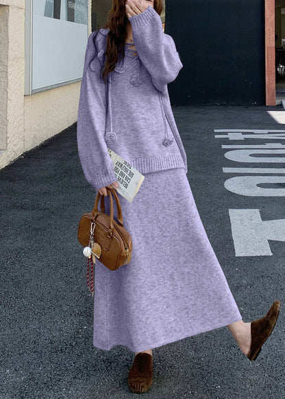 Loose Purple Sweaters and Skirts Knit Two Pieces Set Winter