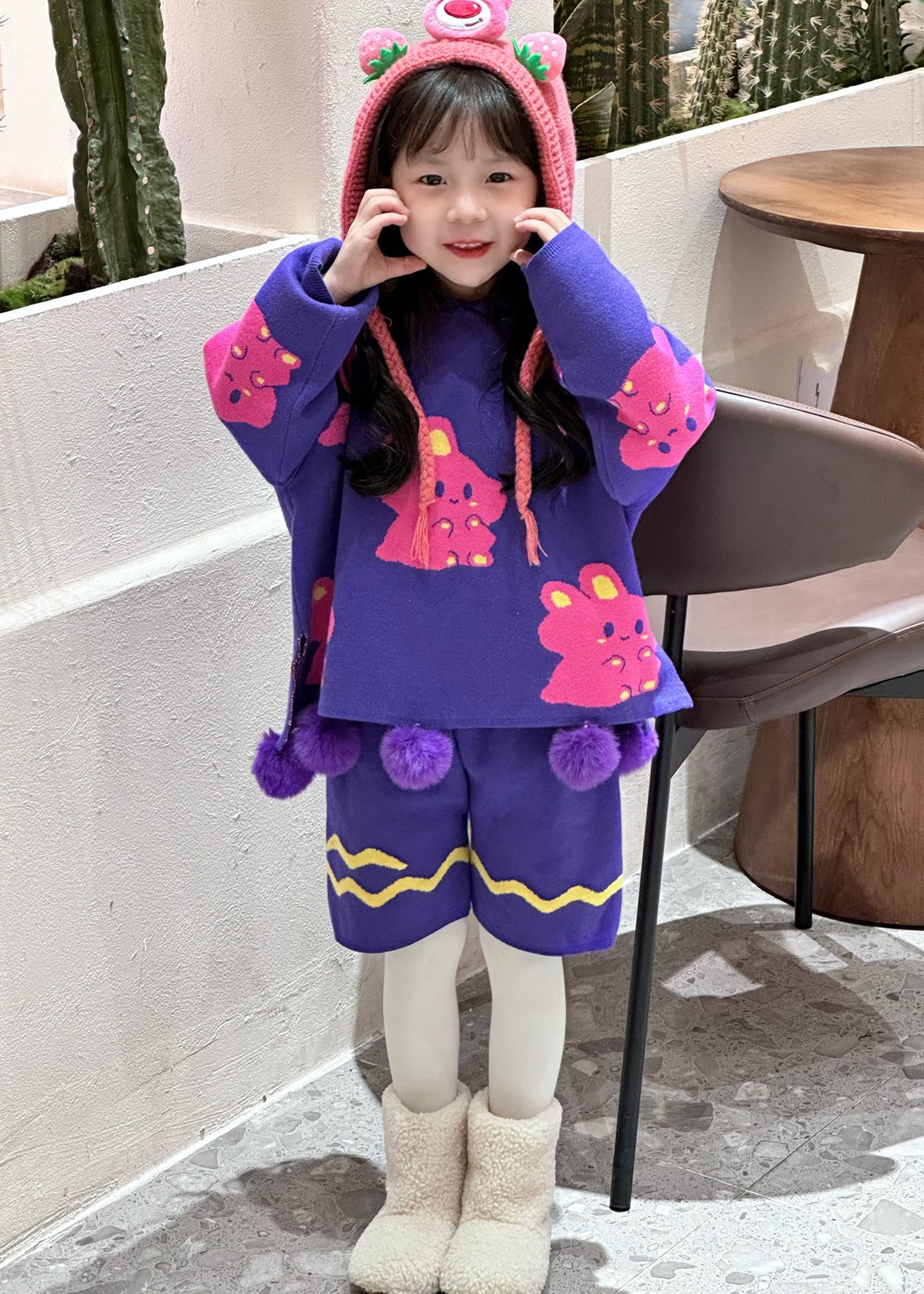 Loose Purple Fuzzy Ball Decorated Cotton Knit Kids Hooded Sweaters and Shorts Two Pieces Set Spring